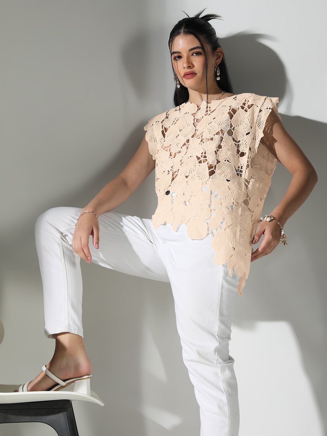 Women Floral Cream Round Neck Crochet Top