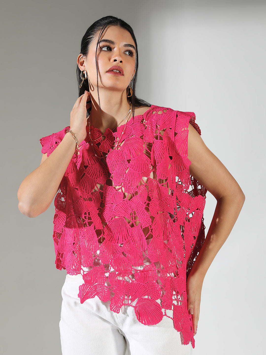 Women Pink Floral Crochet Top