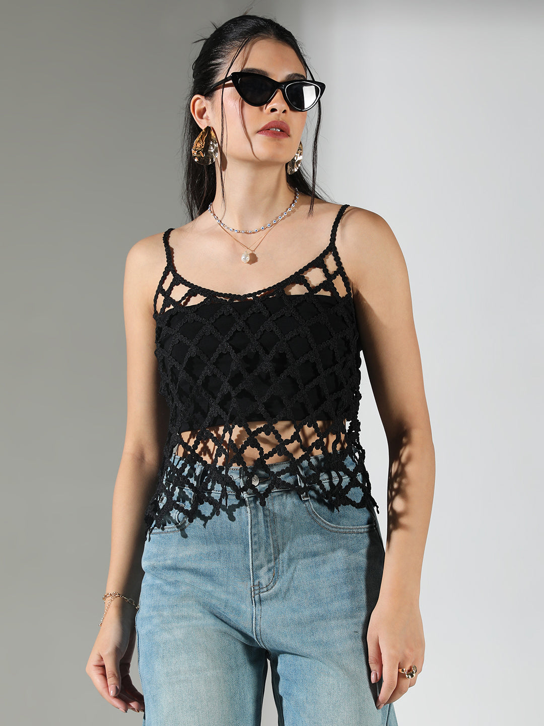 Women Black Solid Crochet Top