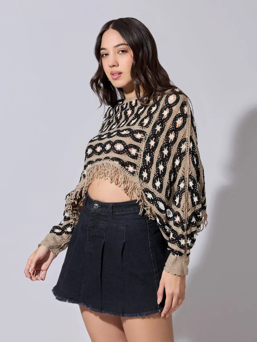 Women's Brown Crochet Crop Top with Fringe Hem - from SHOWOFFFF