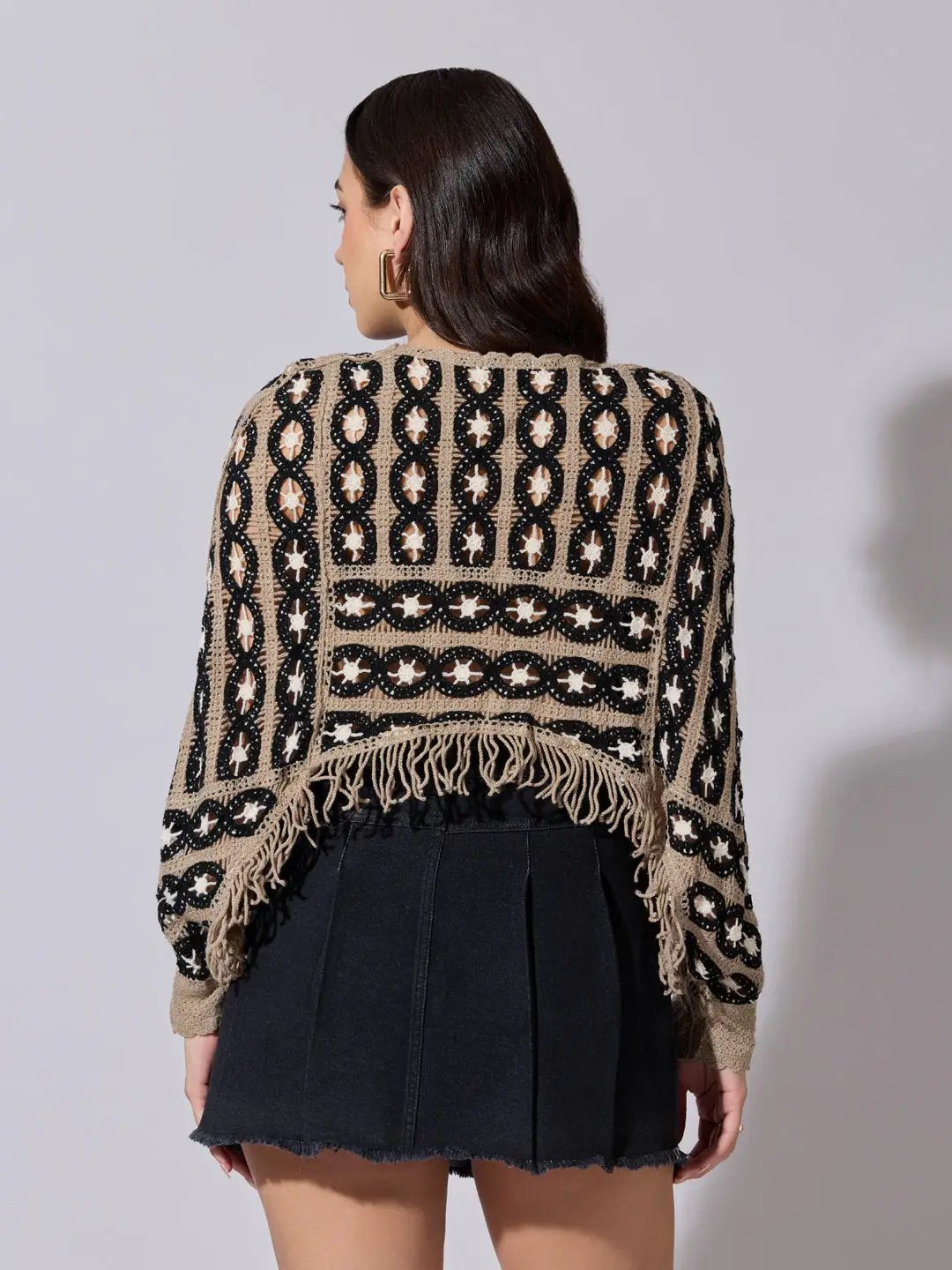 Women's Brown Crochet Crop Top with Fringe Hem - from SHOWOFFFF
