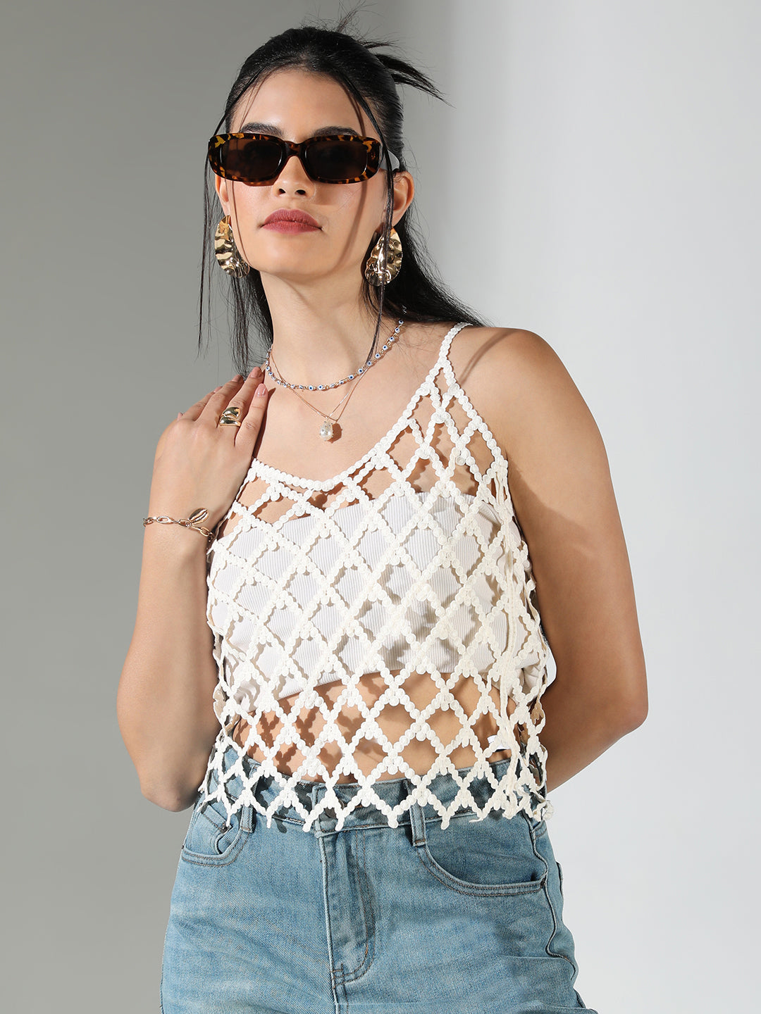 Women Cream Solid Crochet Top