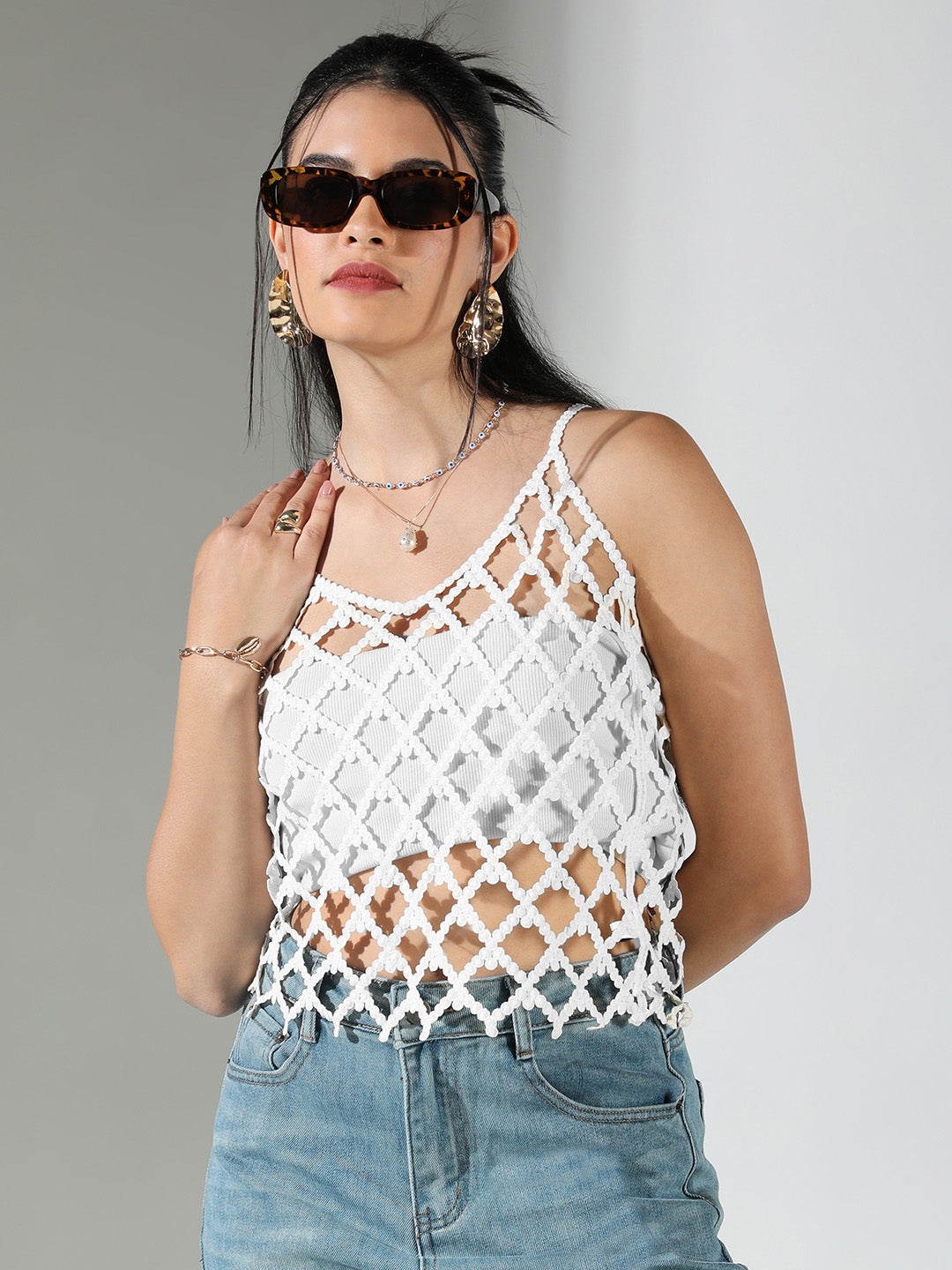 Women White Solid Crochet Top