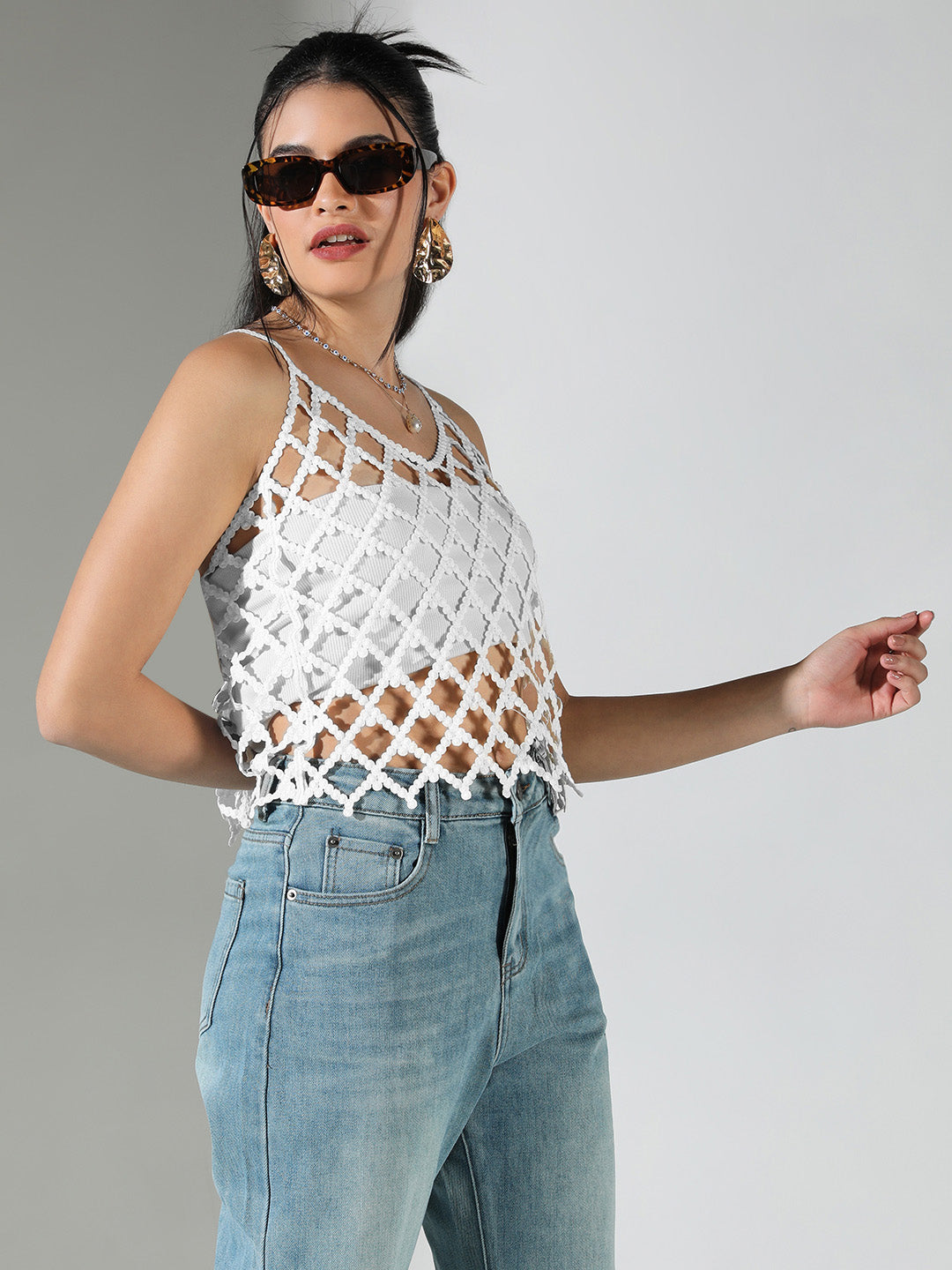 Women White Solid Crochet Top