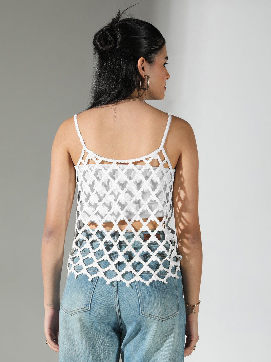 Women White Solid Crochet Top