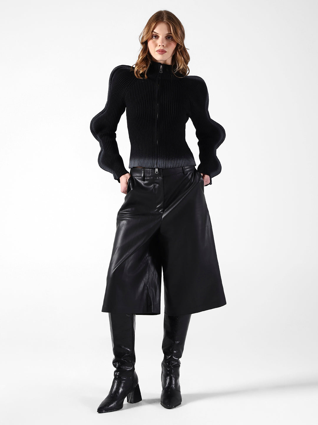 Women's Ribbed Black Ombre Sculpted Sleeve Top