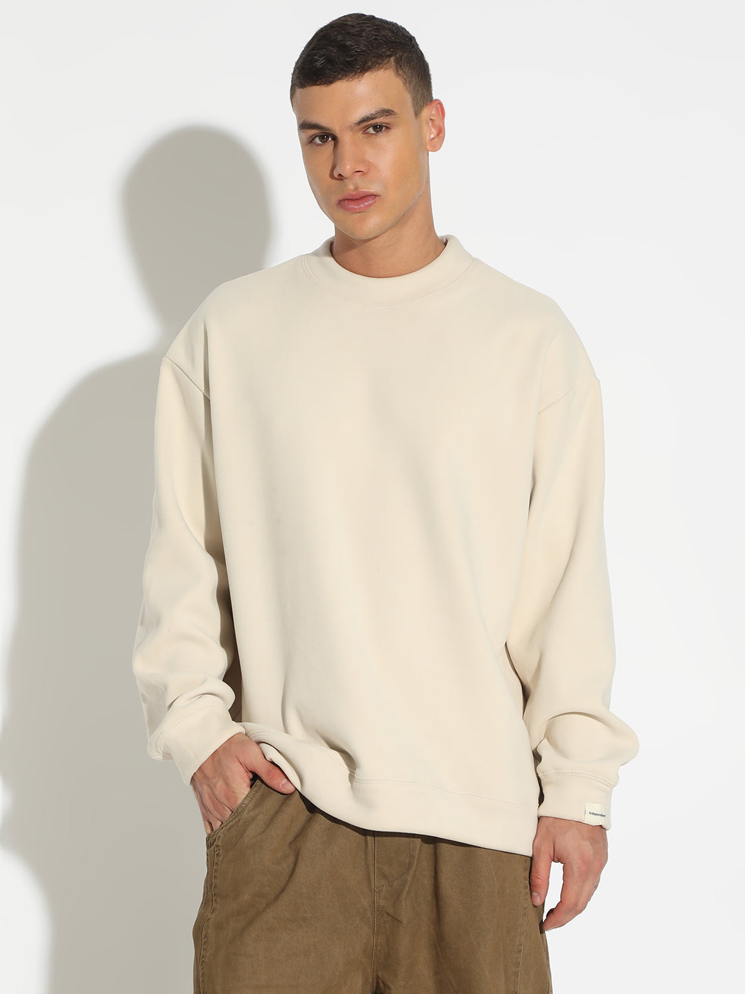Men's Cream Casual Oversized Round Neck Sweater