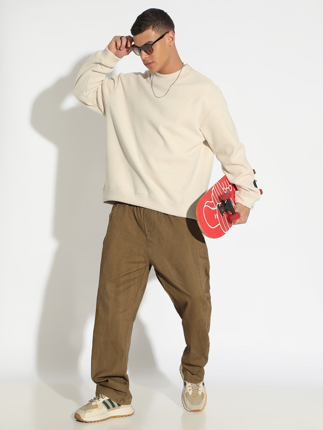 Men's Cream Casual Oversized Round Neck Sweater