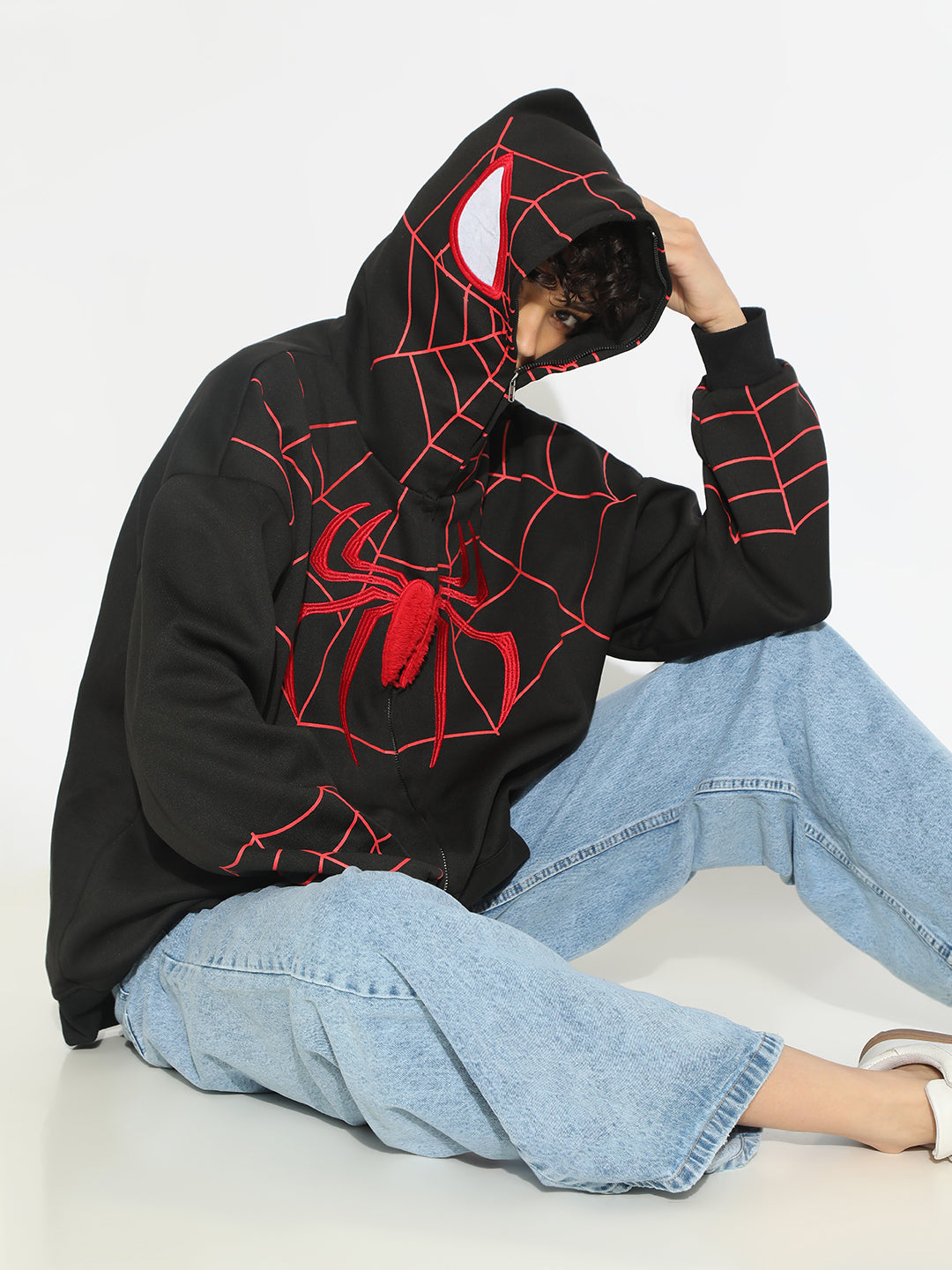 Women's Black Spiderman Graphic Zip Up Hoodie with Masked Hood