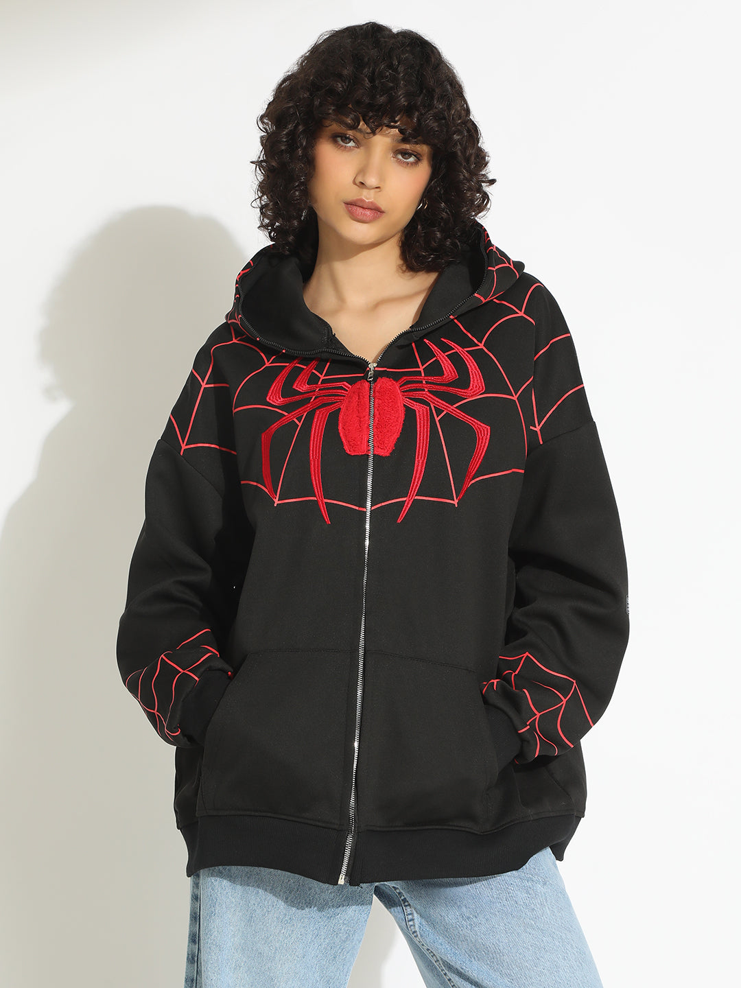 Women's Black Spiderman Graphic Zip Up Hoodie with Masked Hood