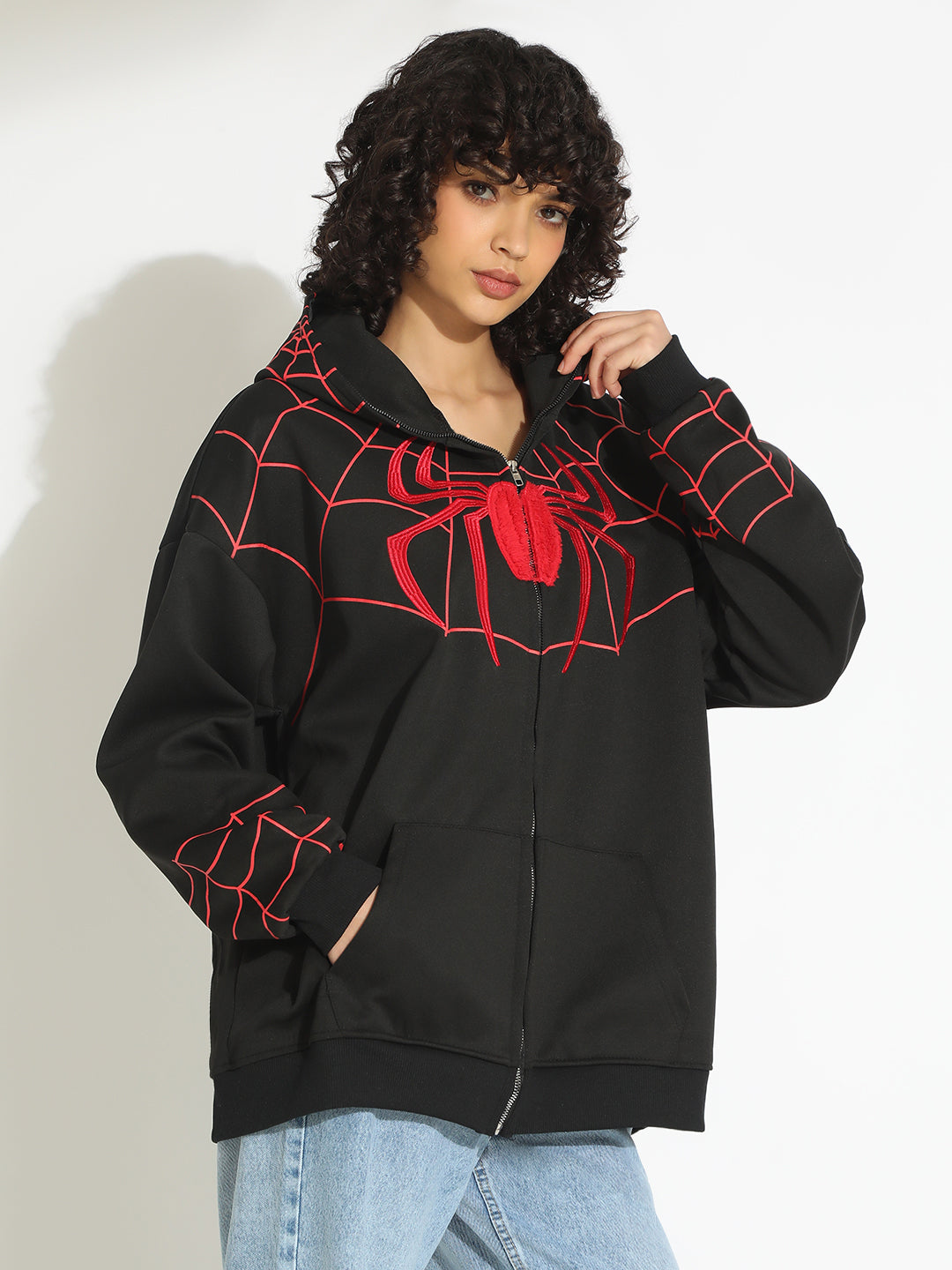 Women's Black Spiderman Graphic Zip Up Hoodie with Masked Hood