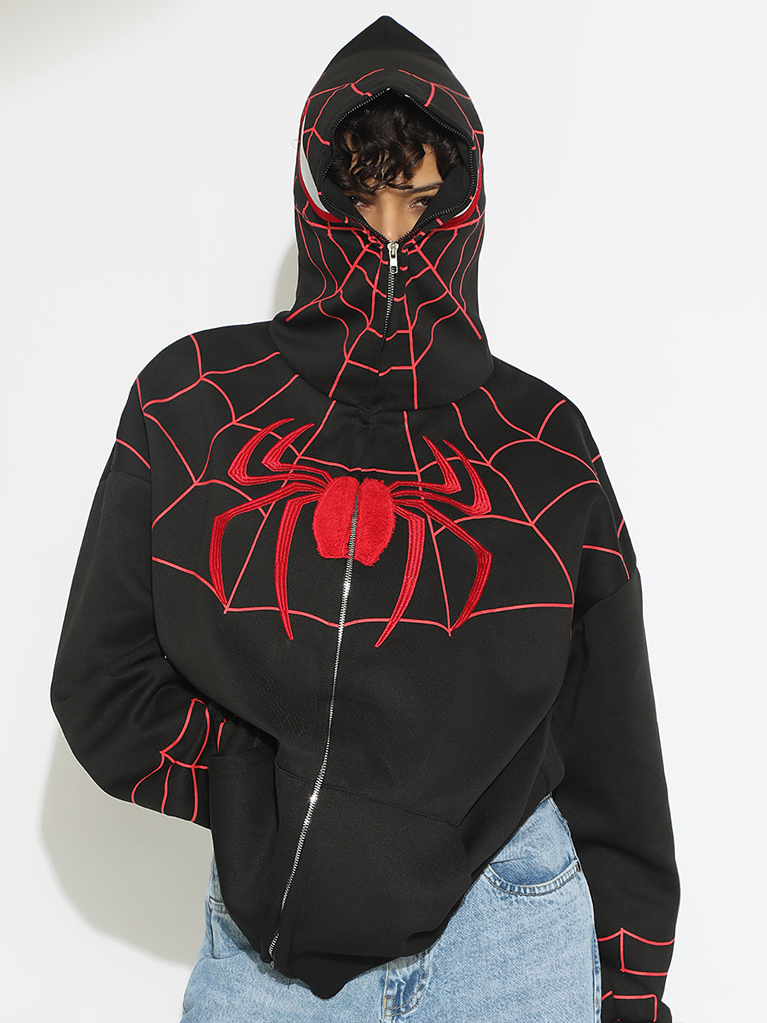 Women's Black Spiderman Graphic Zip Up Hoodie with Masked Hood