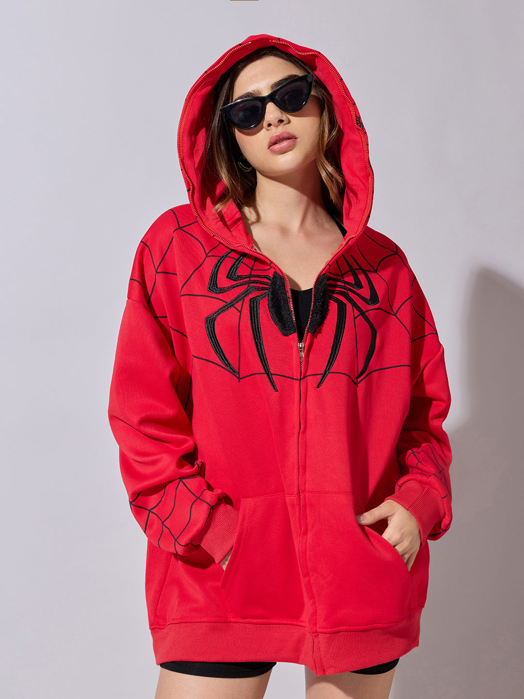 Women's Red Spiderman Graphic Zip Up Hoodie with Masked Hood