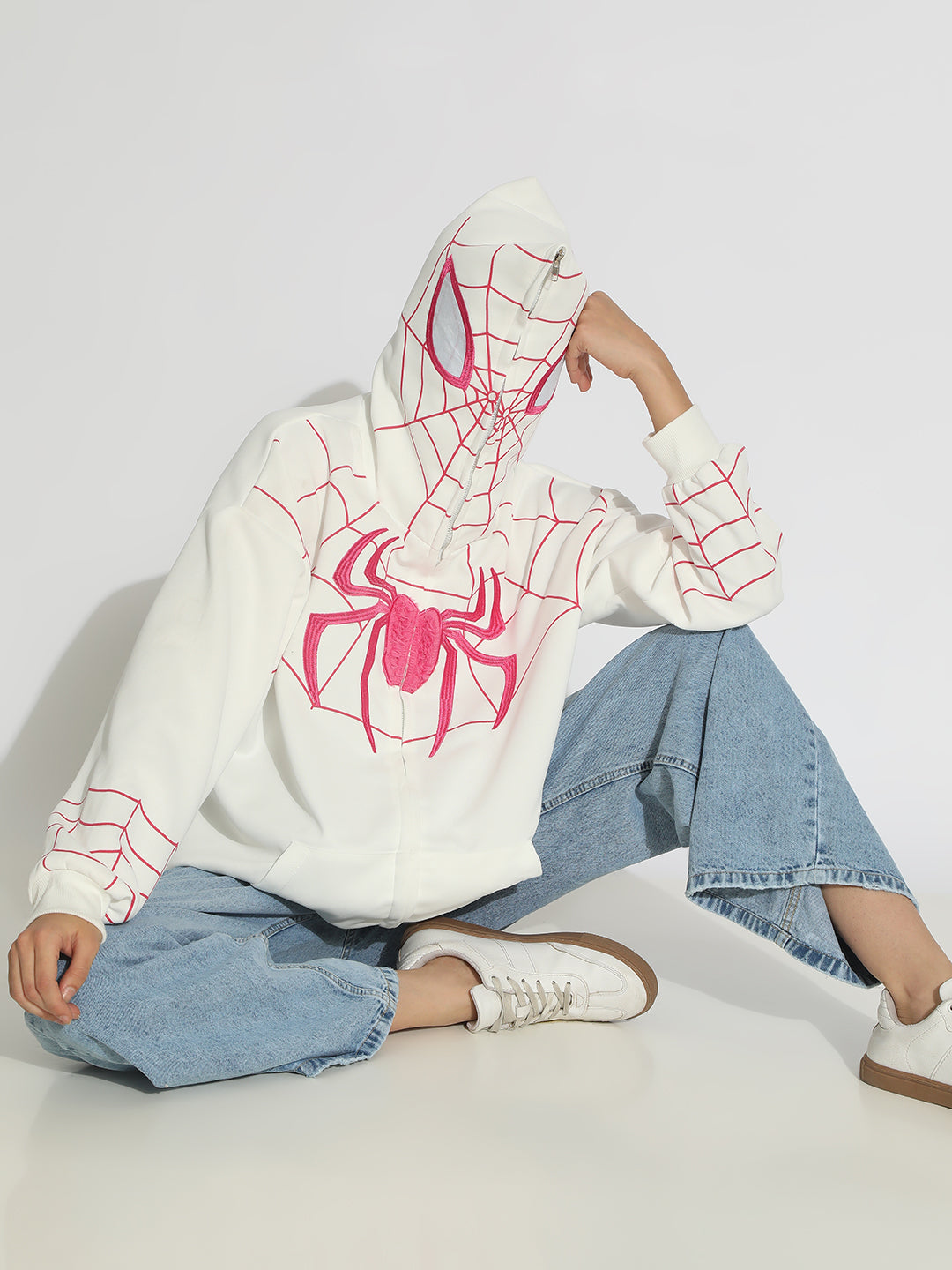 Women's White Spiderman Graphic Zip Up Hoodie with Masked Hood