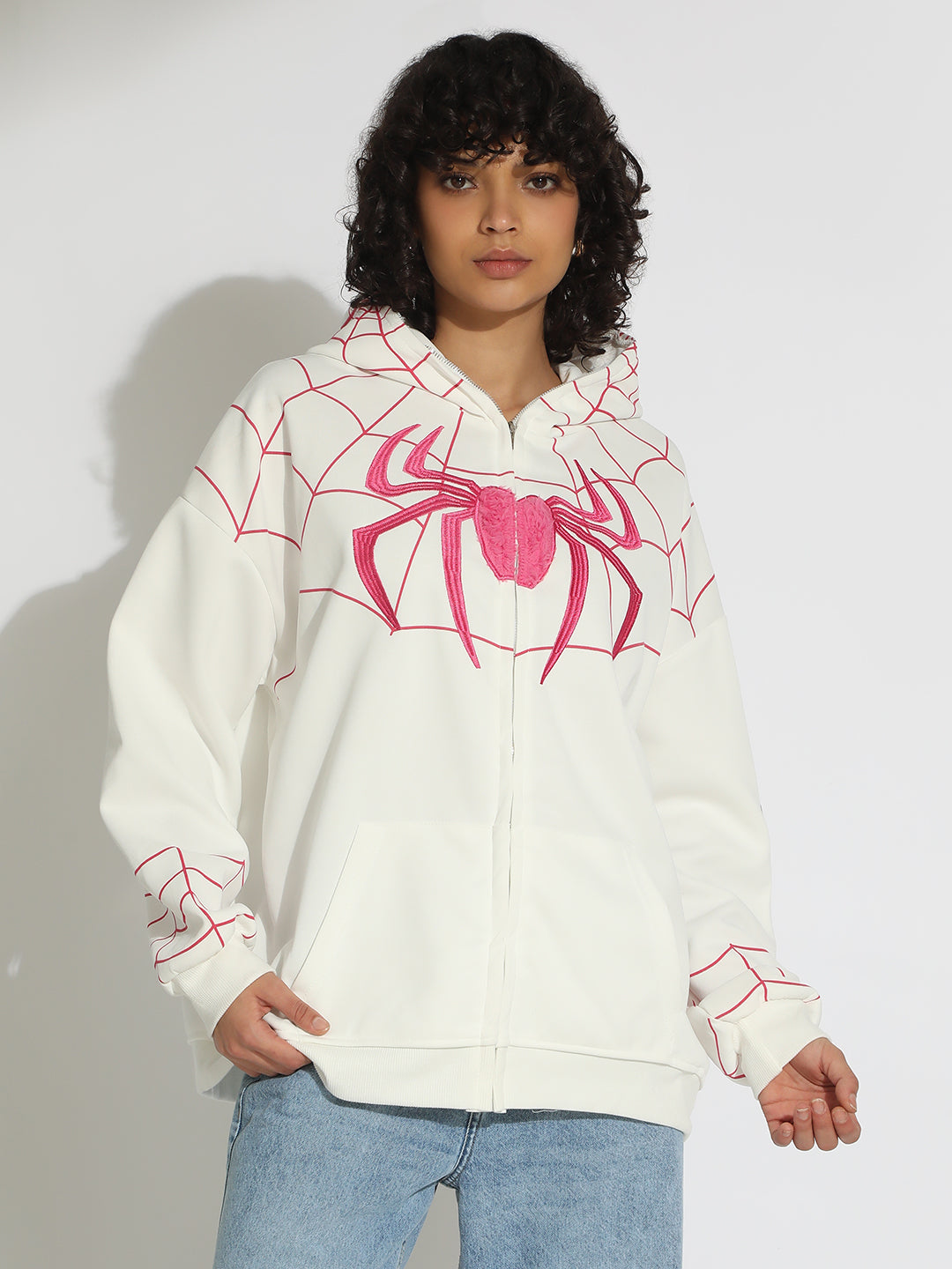 Women's White Spiderman Graphic Zip Up Hoodie with Masked Hood