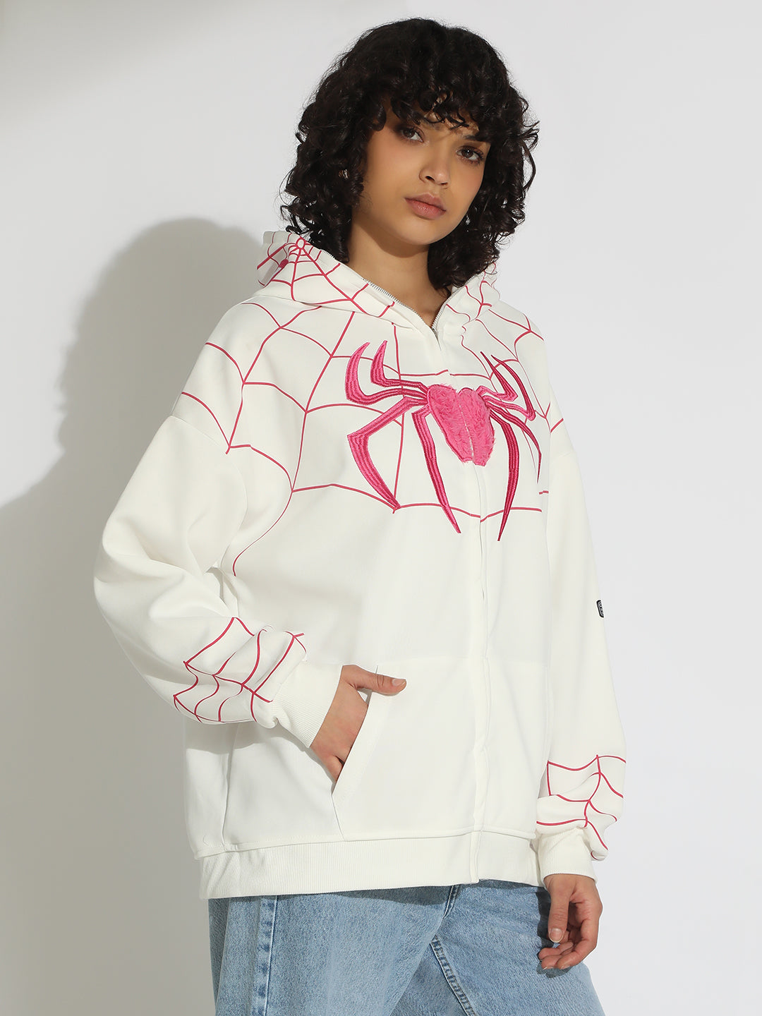 Women's White Spiderman Graphic Zip Up Hoodie with Masked Hood