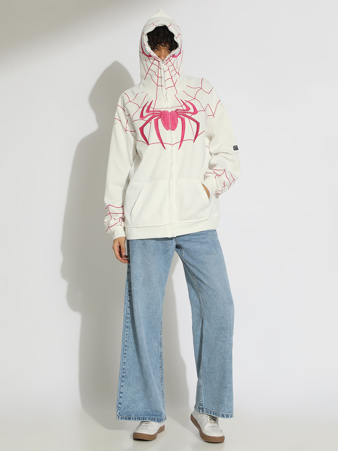 Women's White Spiderman Graphic Zip Up Hoodie with Masked Hood