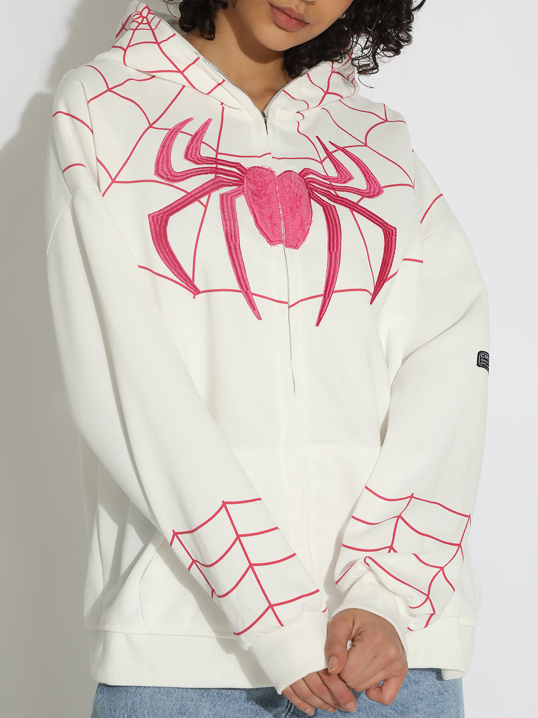Women's White Spiderman Graphic Zip Up Hoodie with Masked Hood