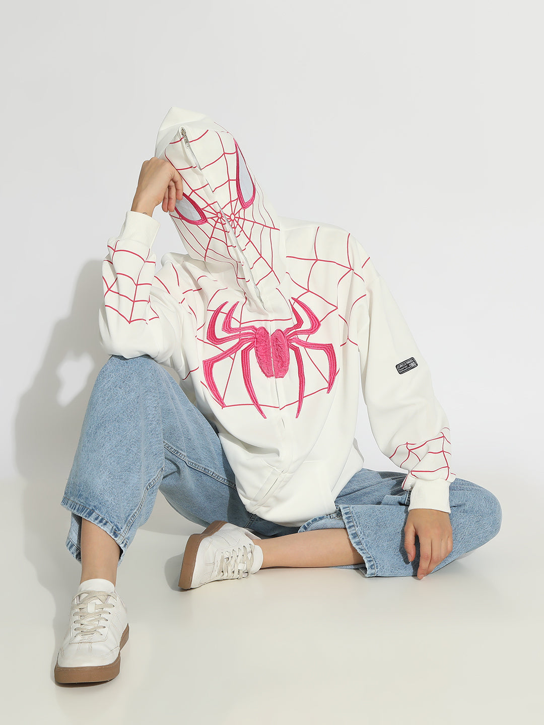 Women's White Spiderman Graphic Zip Up Hoodie with Masked Hood