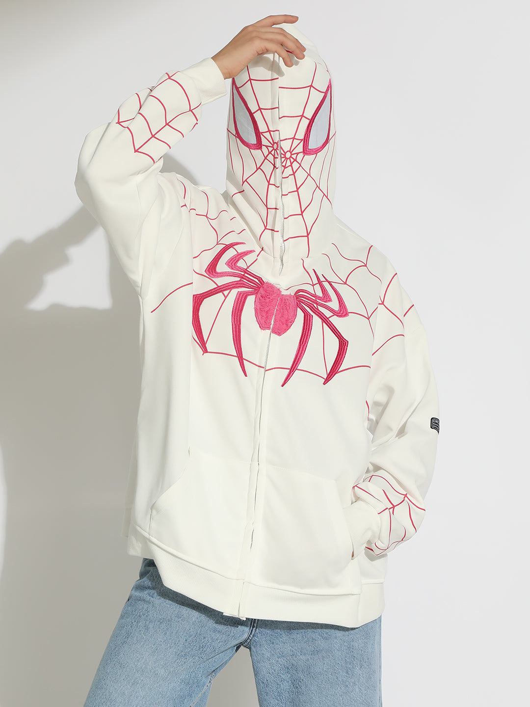 Women's White Spiderman Graphic Zip Up Hoodie with Masked Hood