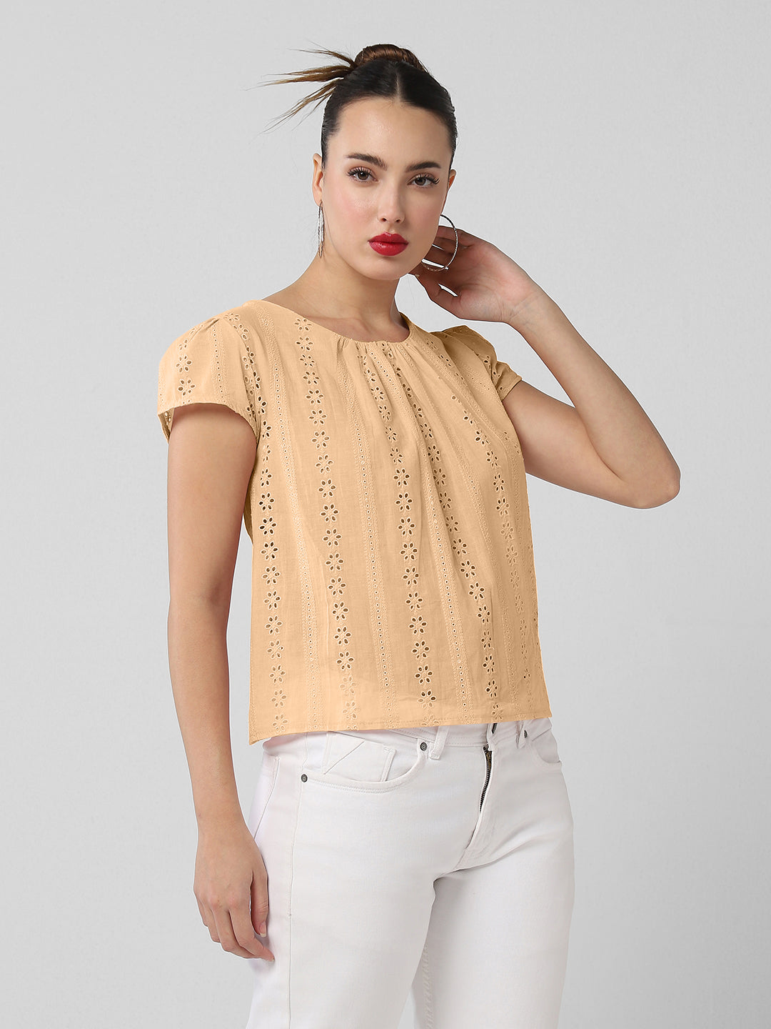 Women Brown Round Neck Schiffili Top with Self Design