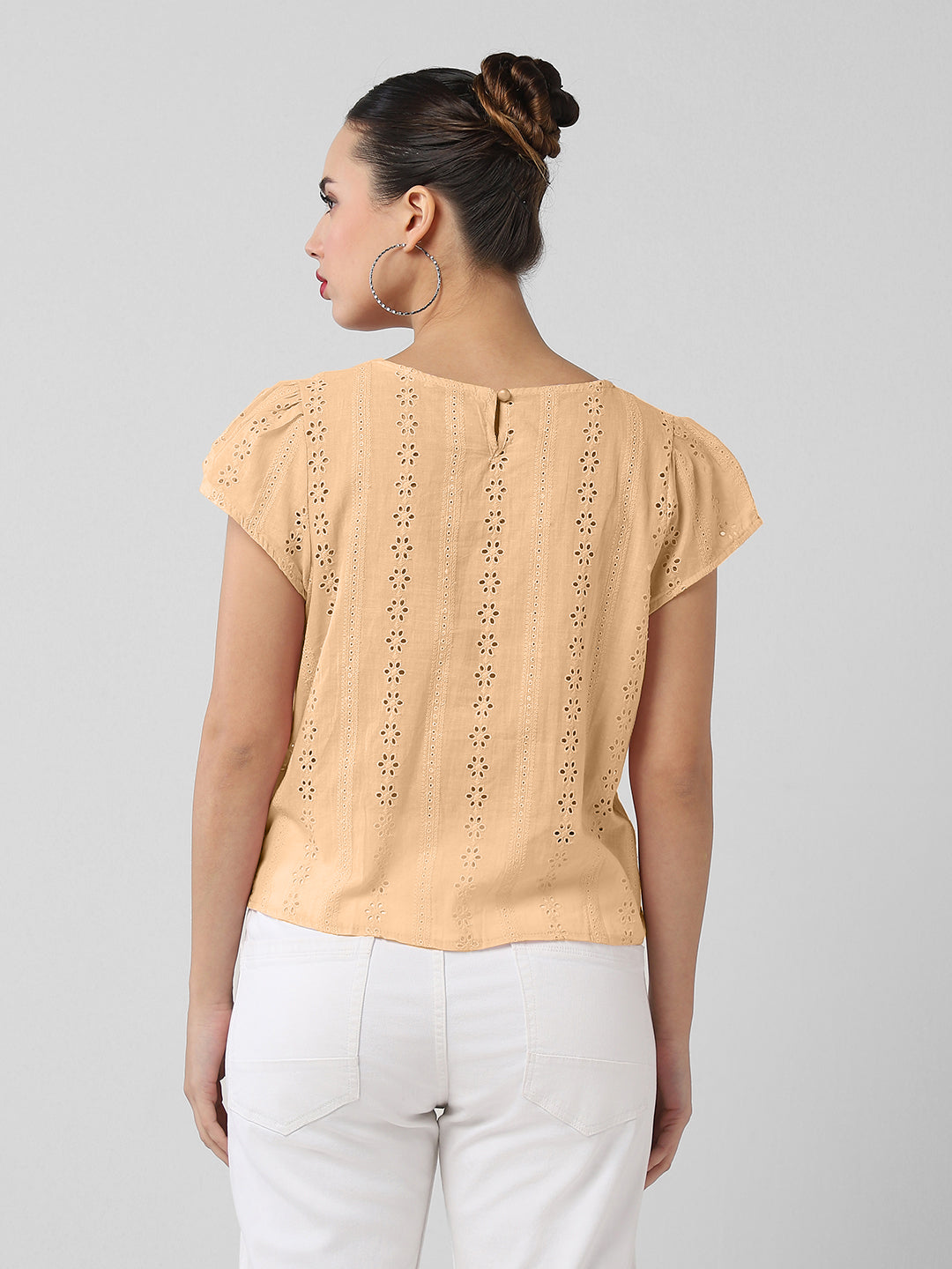 Women Brown Round Neck Schiffili Top with Self Design