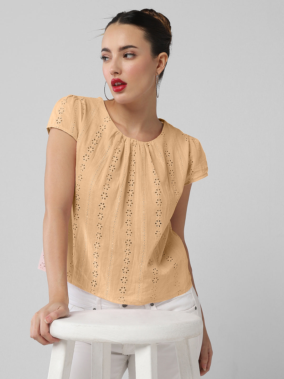 Women Brown Round Neck Schiffili Top with Self Design