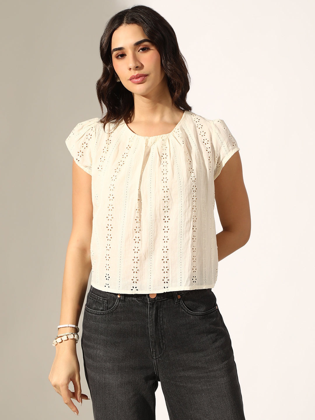 Women's Cream Eyelet Embroidered Top