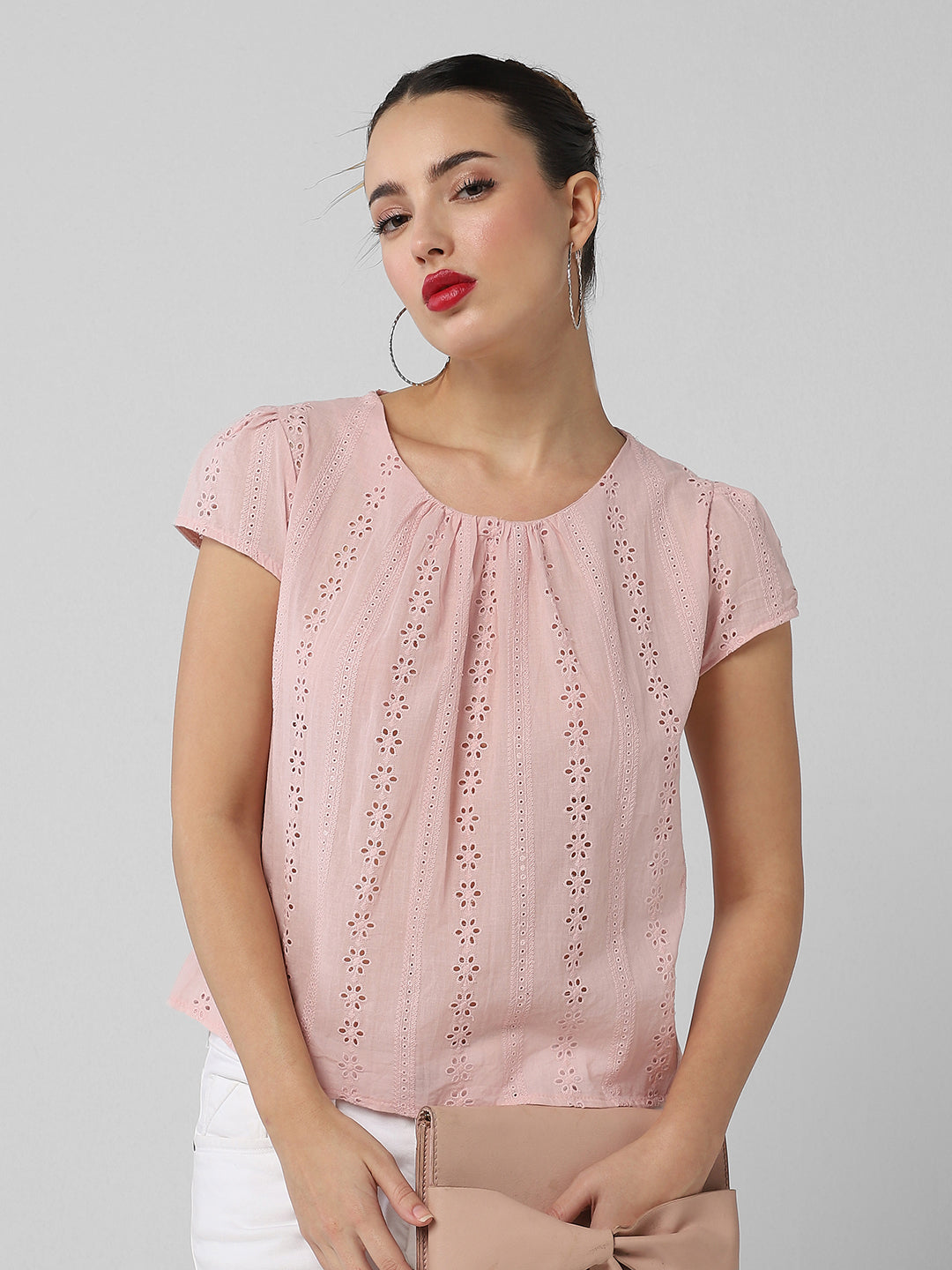 Women Pink Solid Schiffli Top