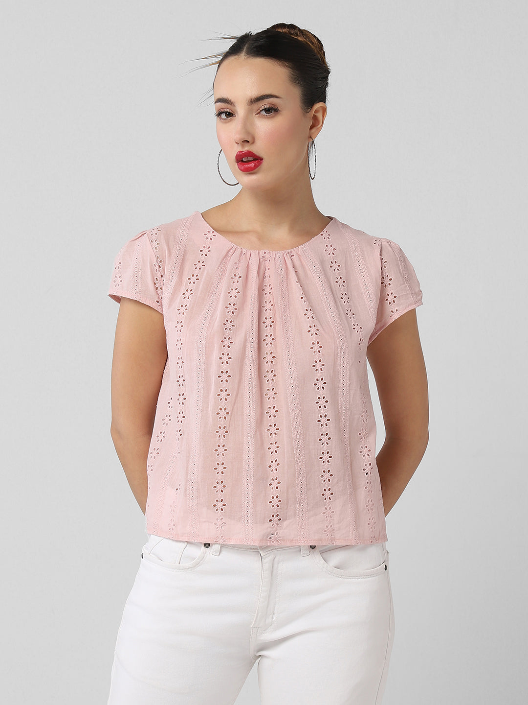 Women Pink Solid Schiffli Top