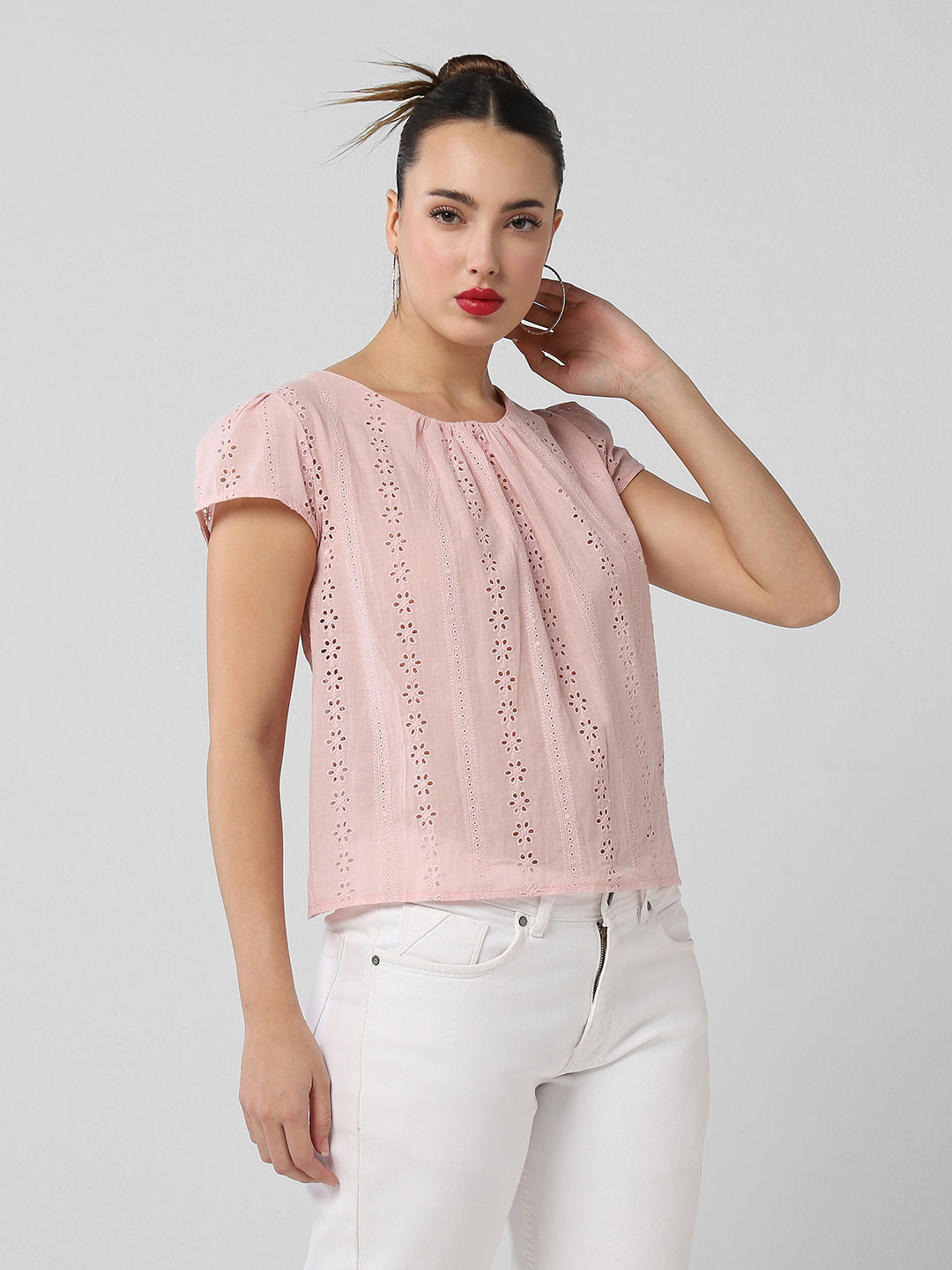 Women Pink Solid Schiffli Top