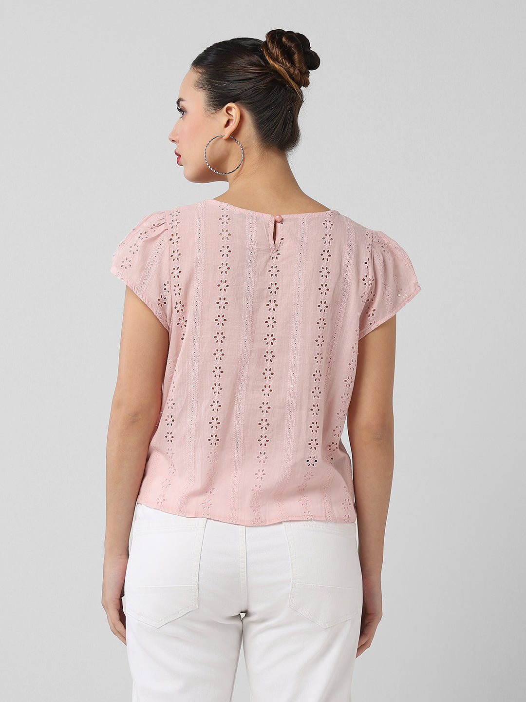 Women Pink Solid Schiffli Top