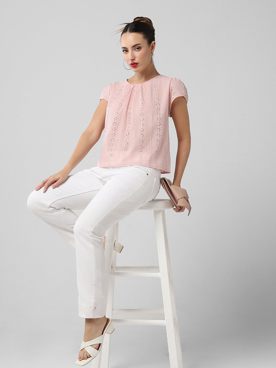 Women Pink Solid Schiffli Top