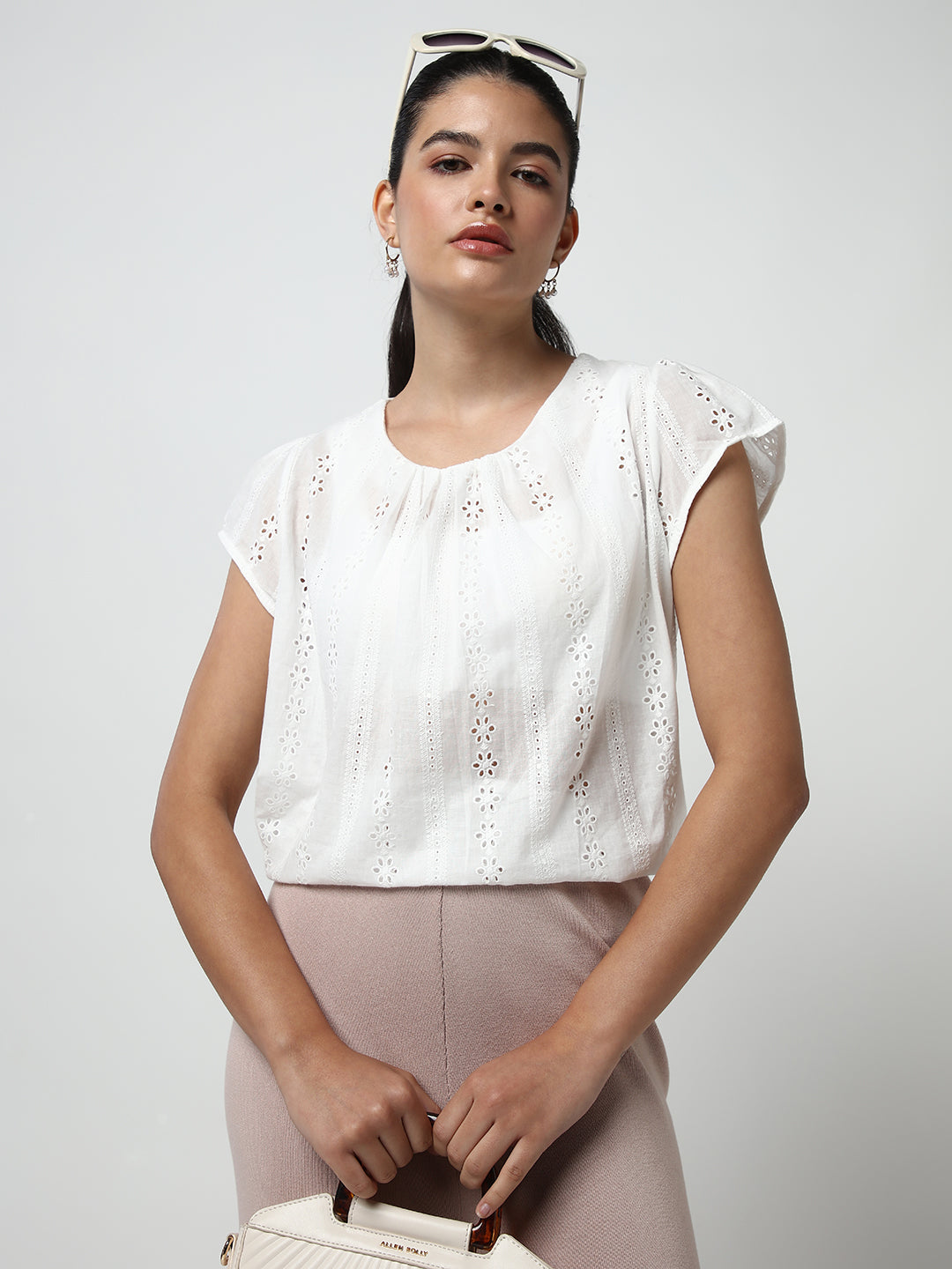 Women White Solid Schiffli Top