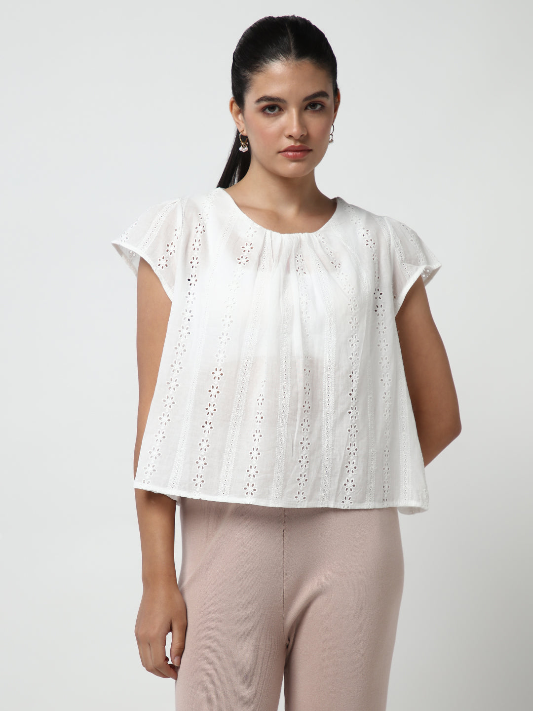 Women White Solid Schiffli Top