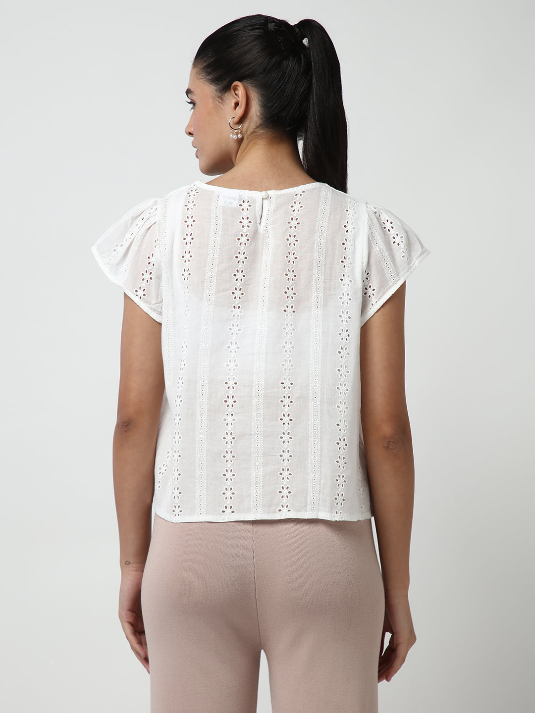 Women White Solid Schiffli Top