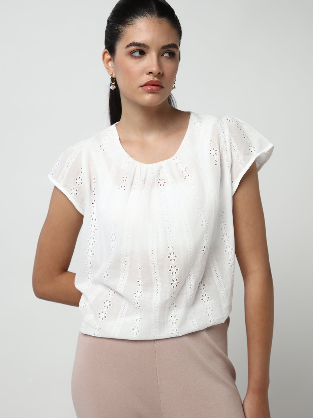 Women White Solid Schiffli Top