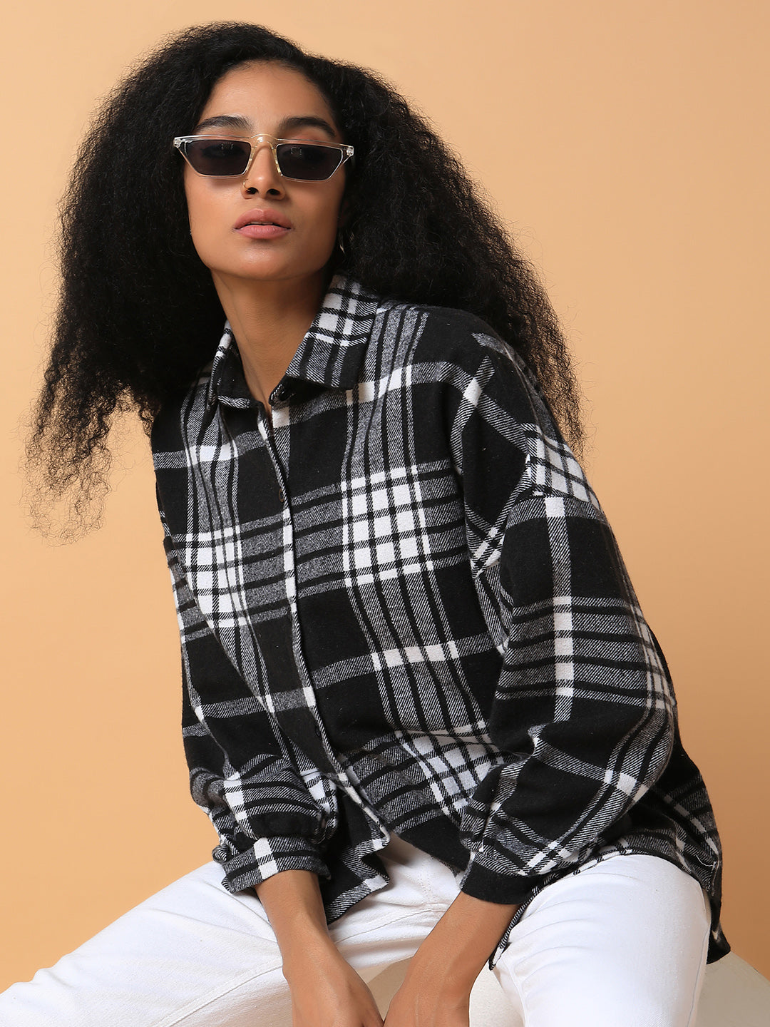 Women Checked Black Oversized Shirt