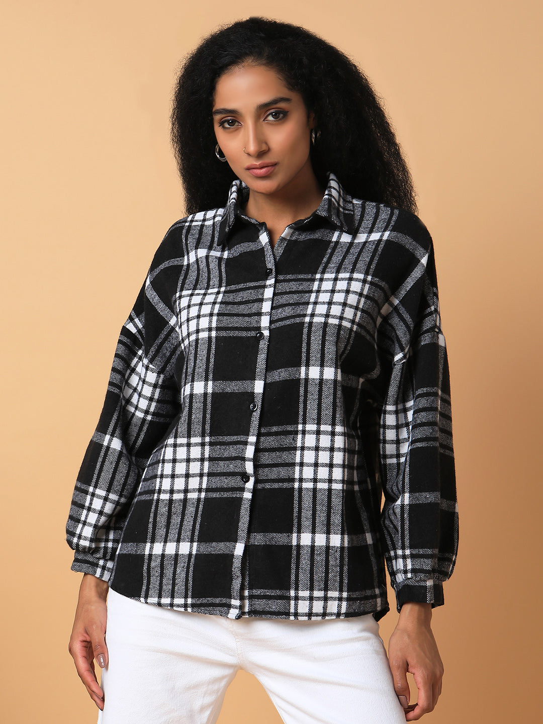 Women Checked Black Oversized Shirt