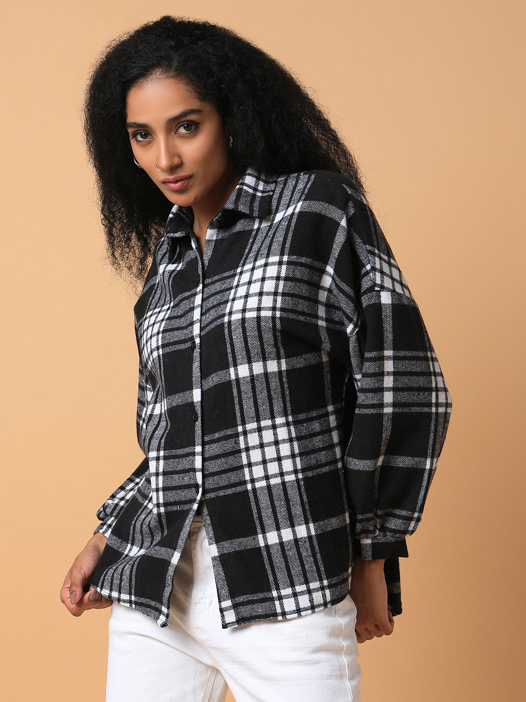 Women Checked Black Oversized Shirt