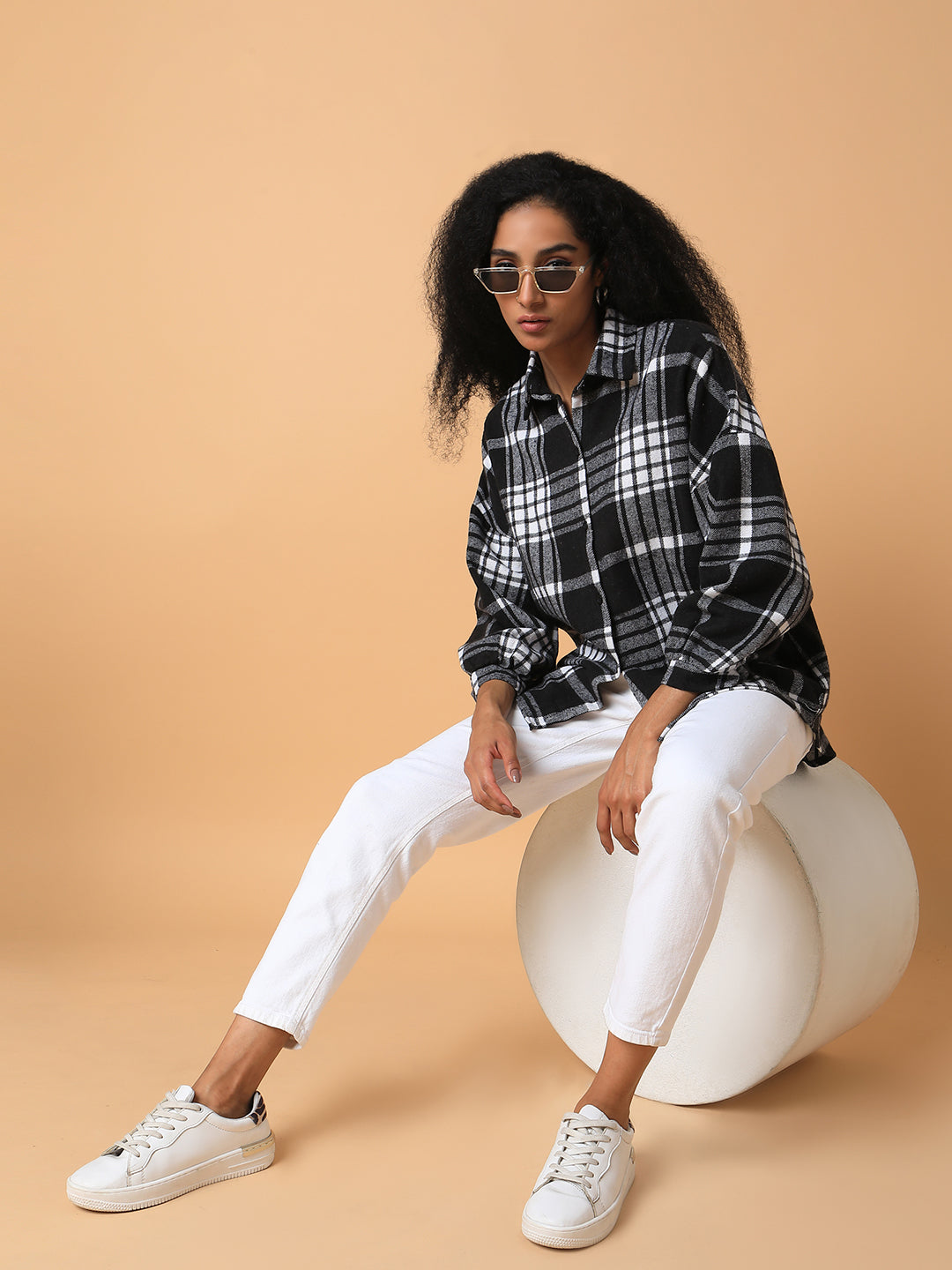 Women Checked Black Oversized Shirt