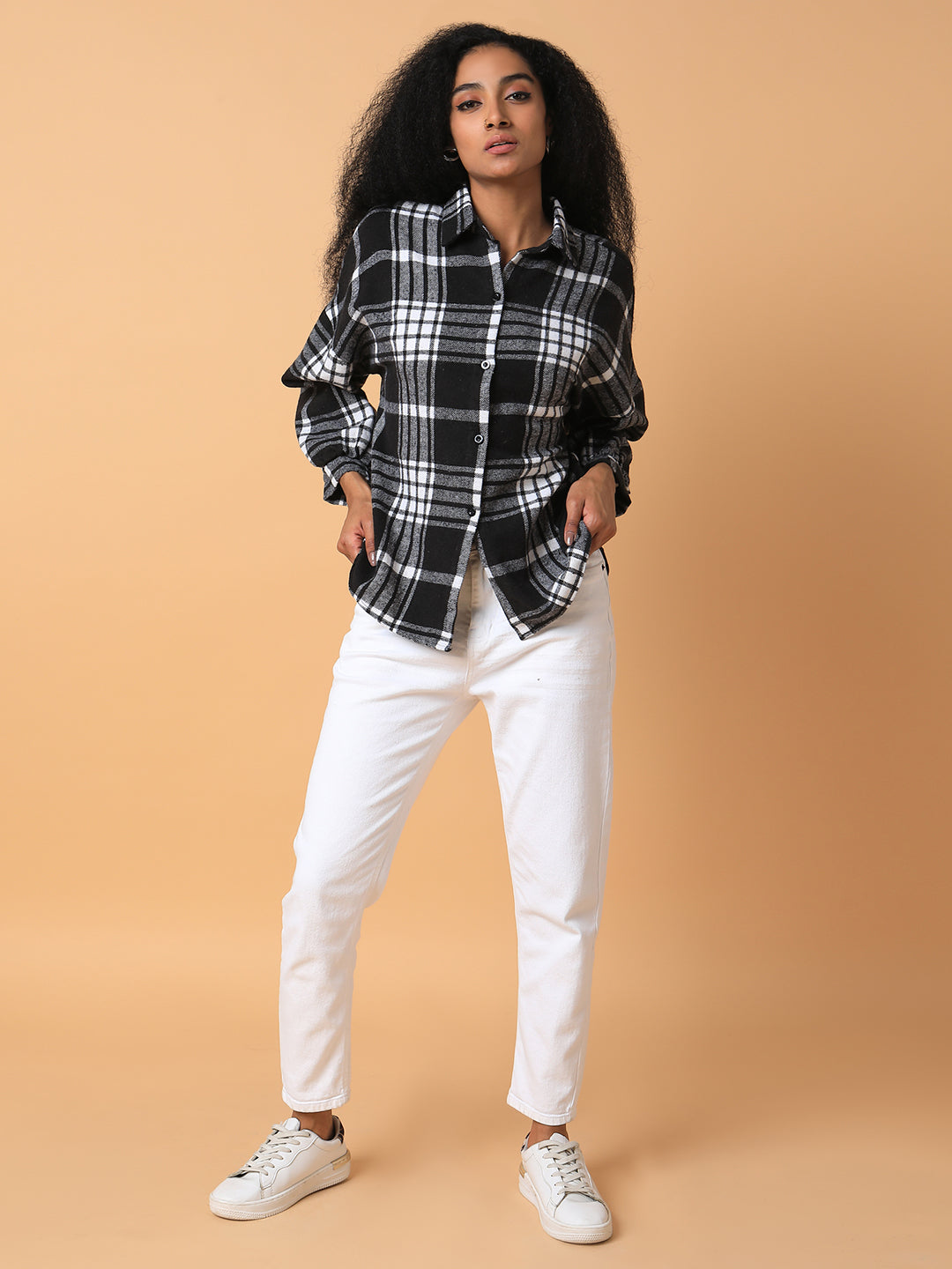 Women Checked Black Oversized Shirt