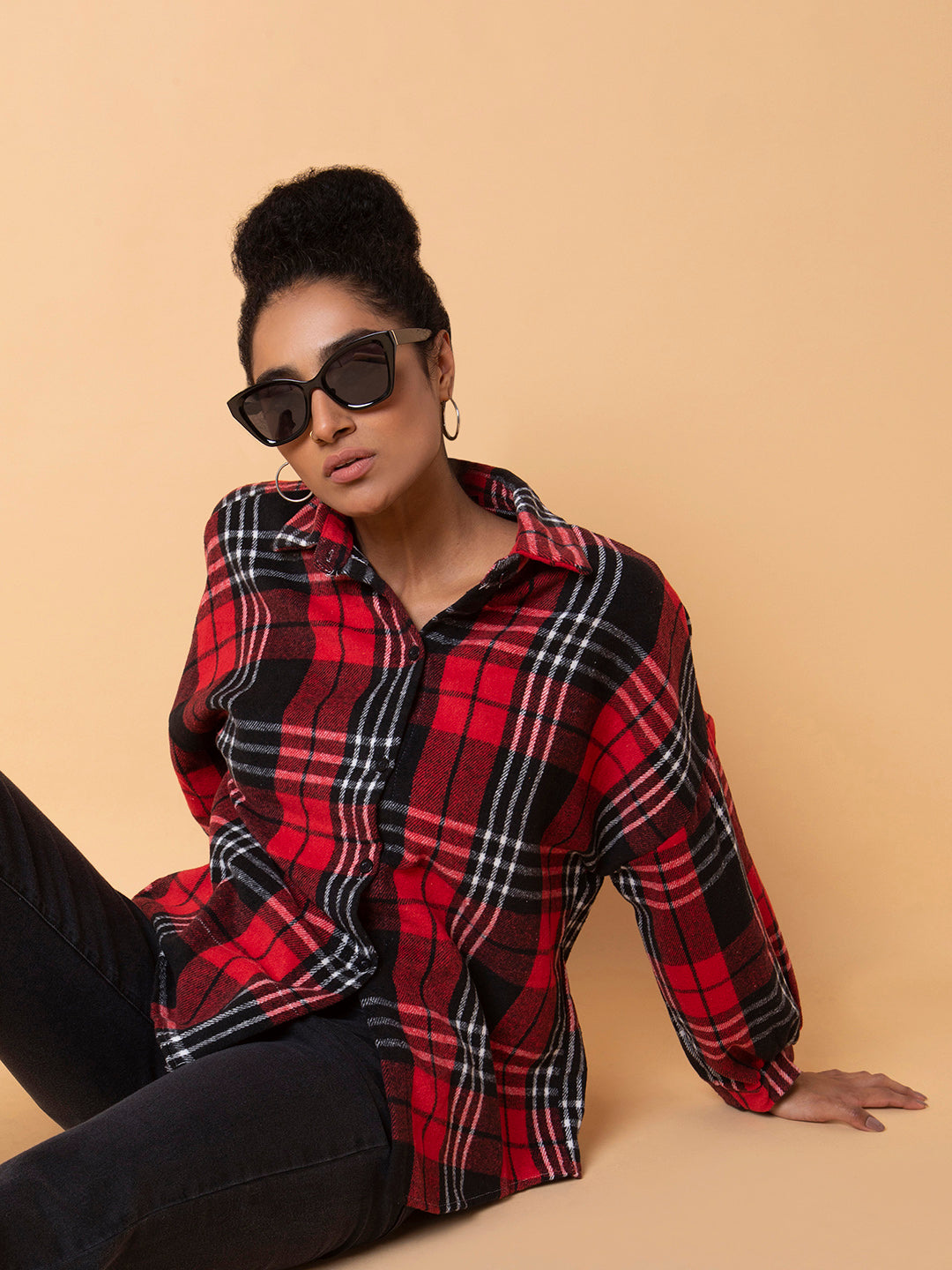 Women Checked Red Oversized Shirt