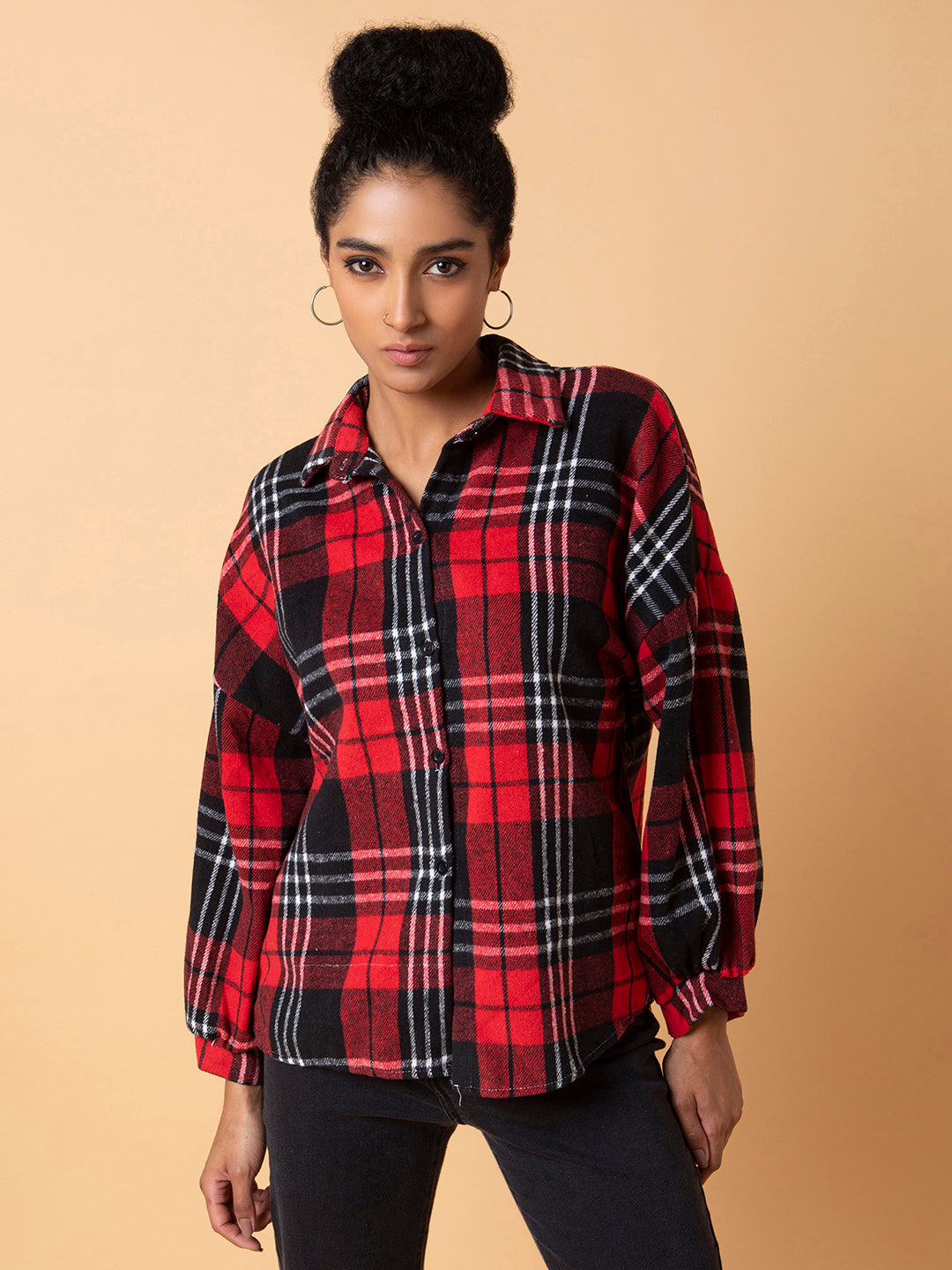 Women Checked Red Oversized Shirt