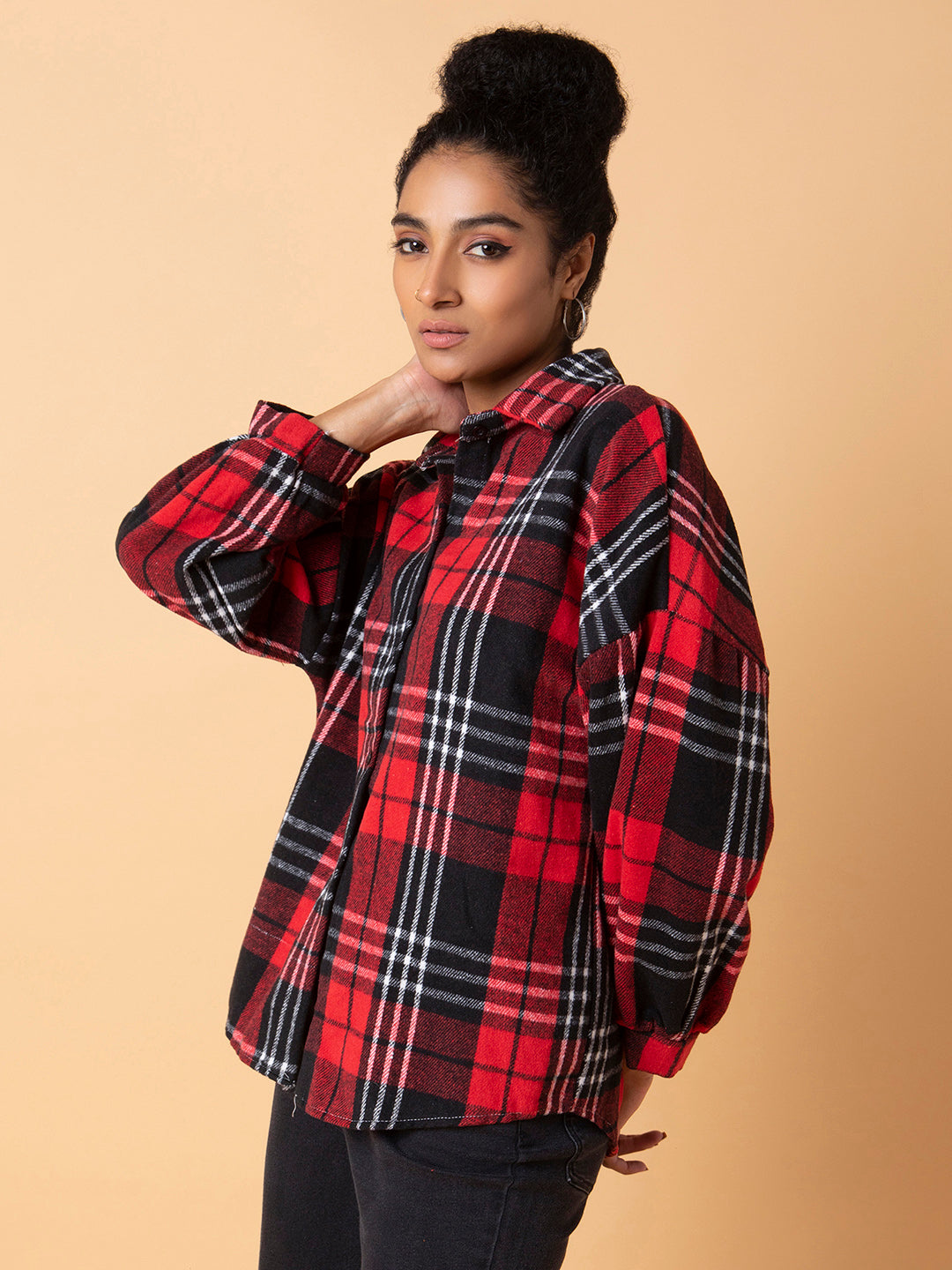 Women Checked Red Oversized Shirt