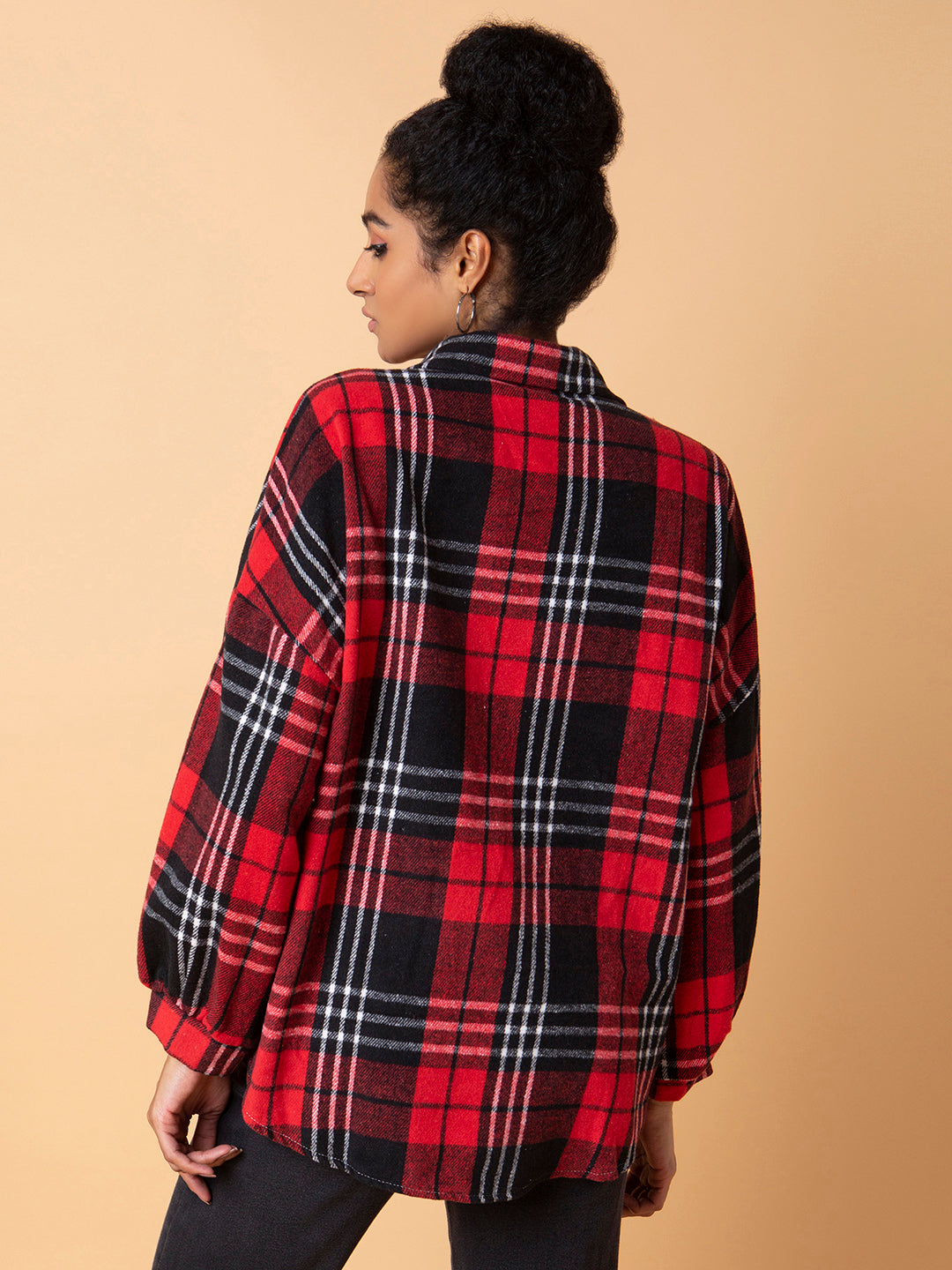 Women Checked Red Oversized Shirt