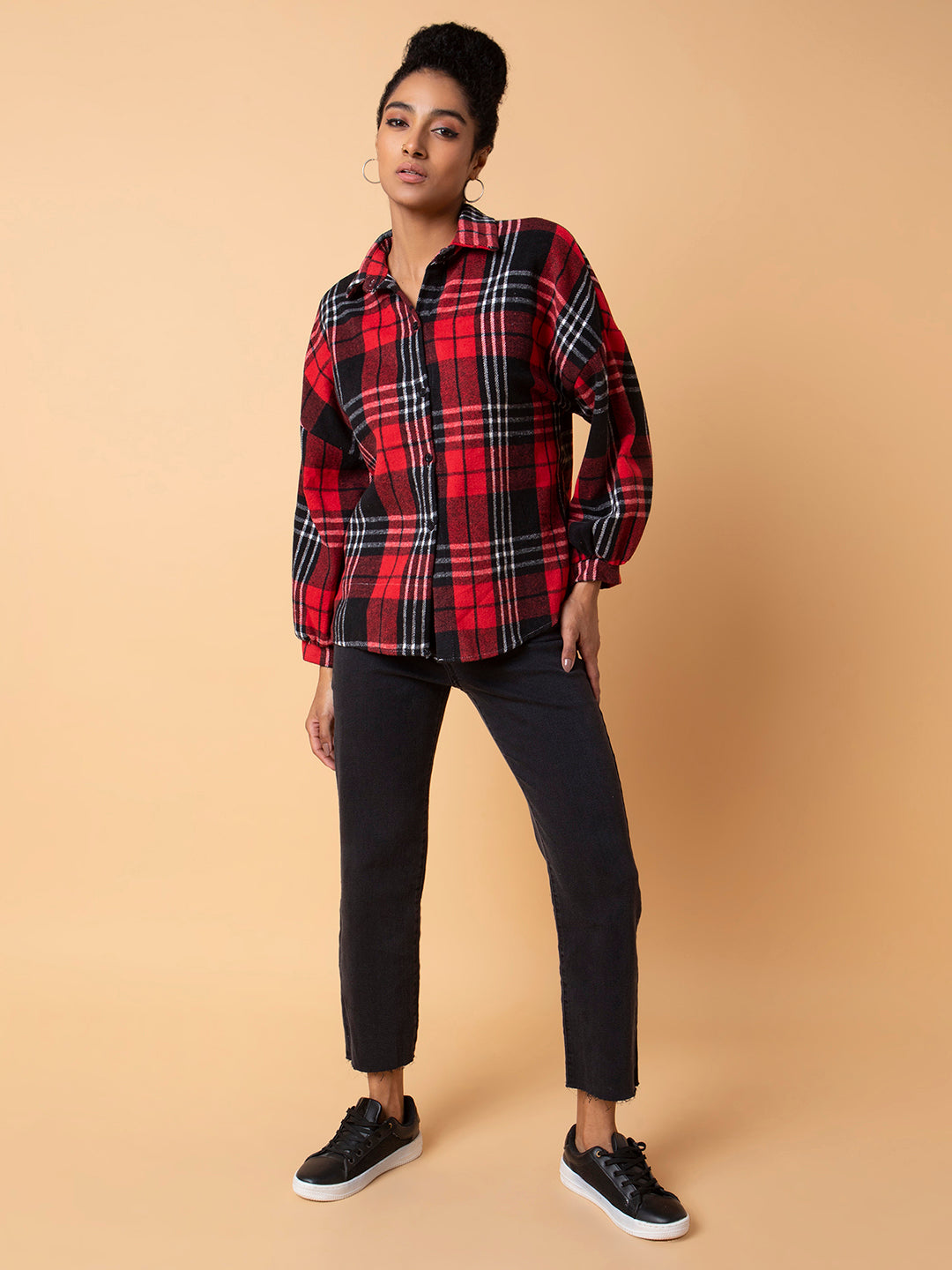 Women Checked Red Oversized Shirt