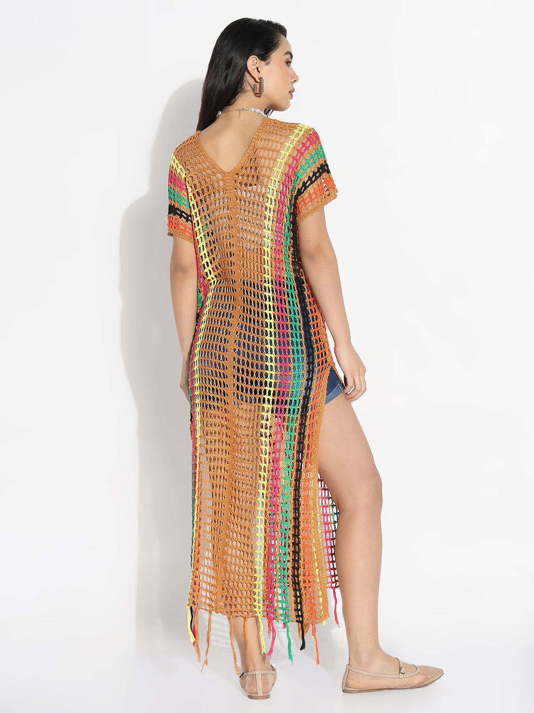 Women's V-Neck Camel Brown Striped Sheer Longline Top