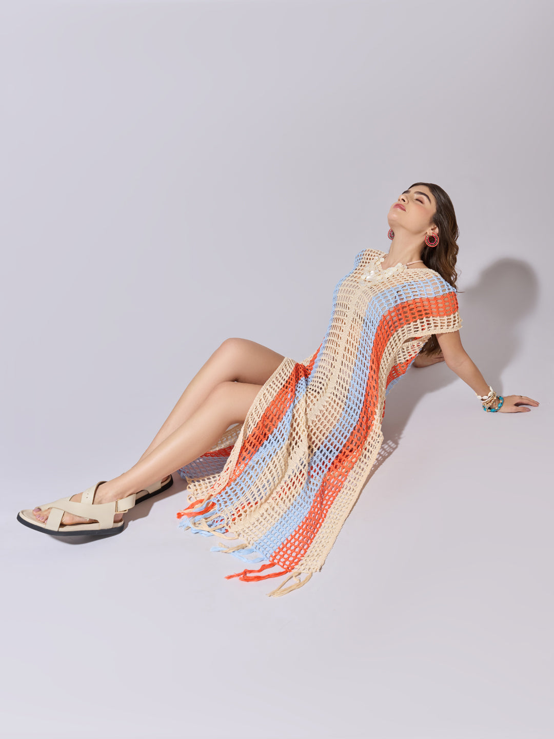 Women's Striped Cream Crochet Longline Top with Fringe Hem