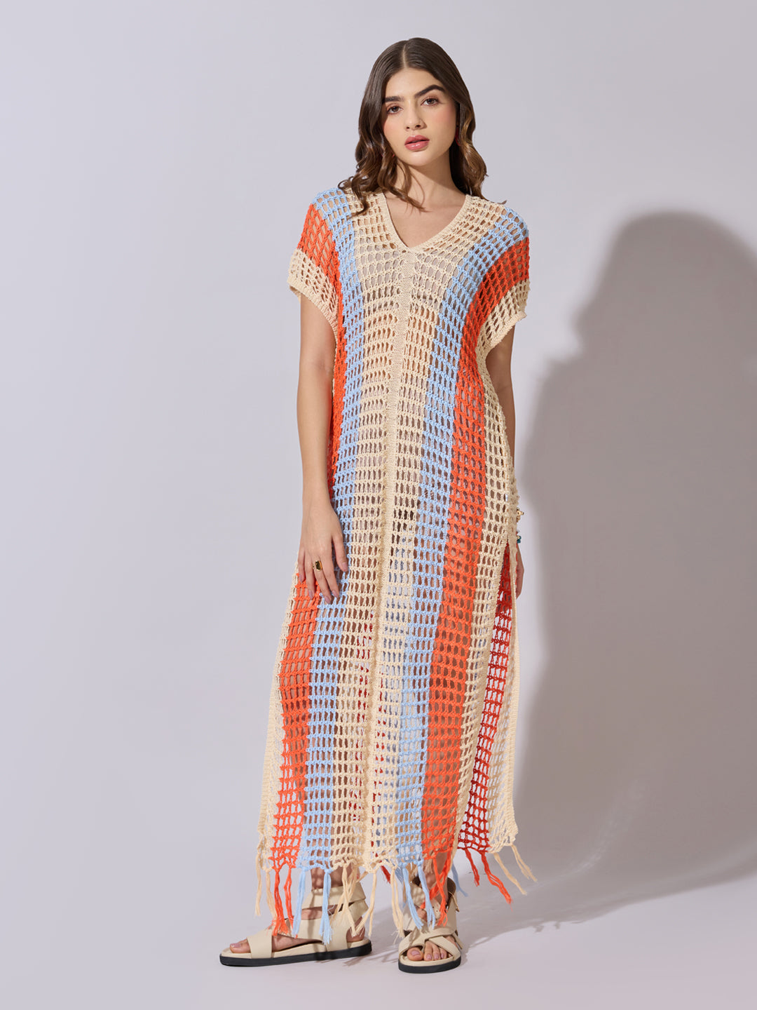 Women's Striped Cream Crochet Longline Top with Fringe Hem